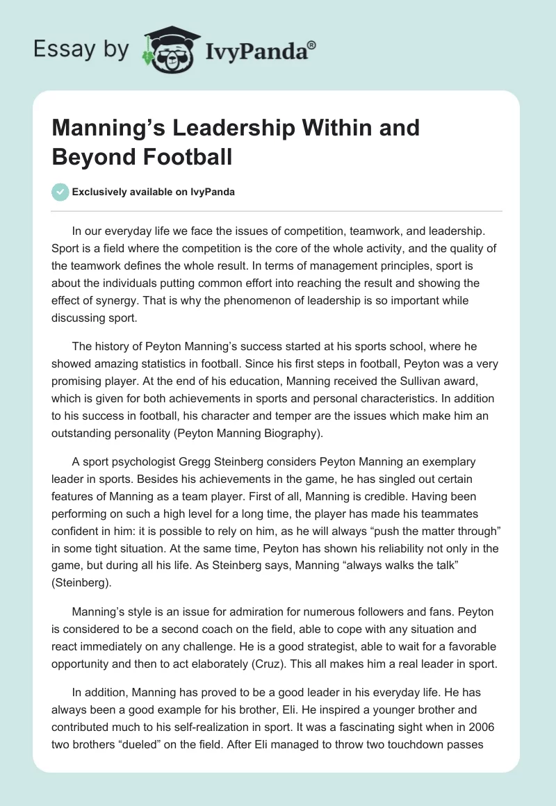 Manning’s Leadership Within and Beyond Football. Page 1