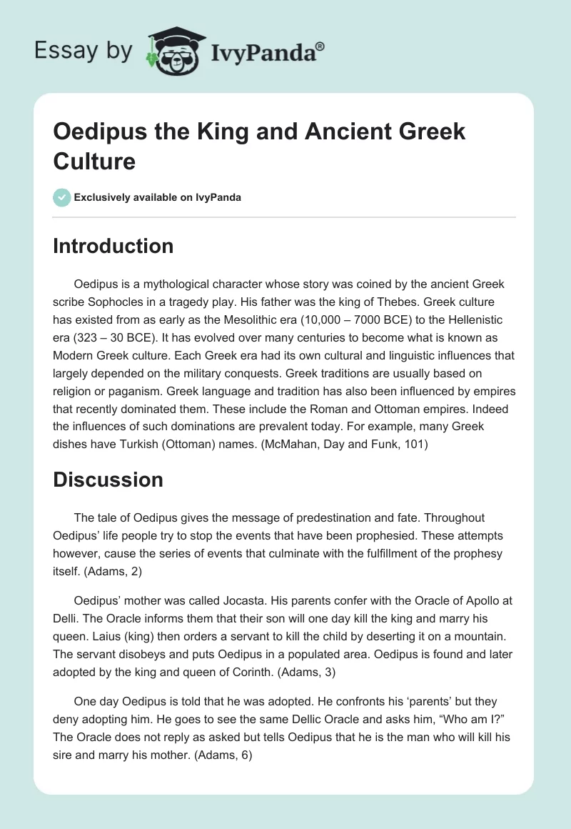 Oedipus the King and Ancient Greek Culture. Page 1