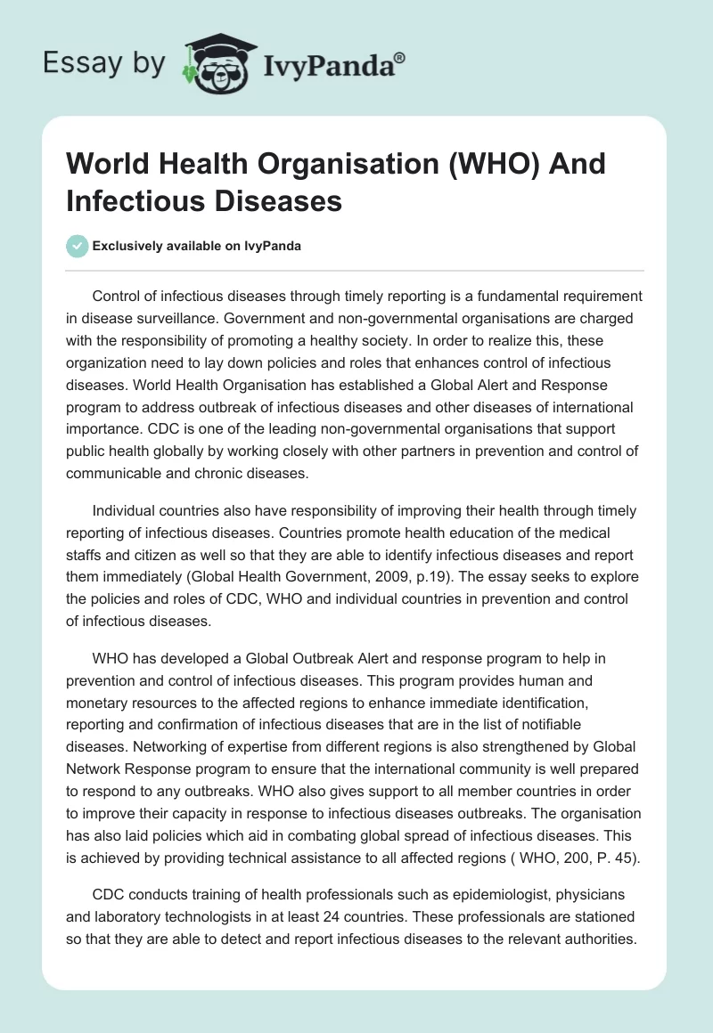 World Health Organisation (WHO) And Infectious Diseases. Page 1