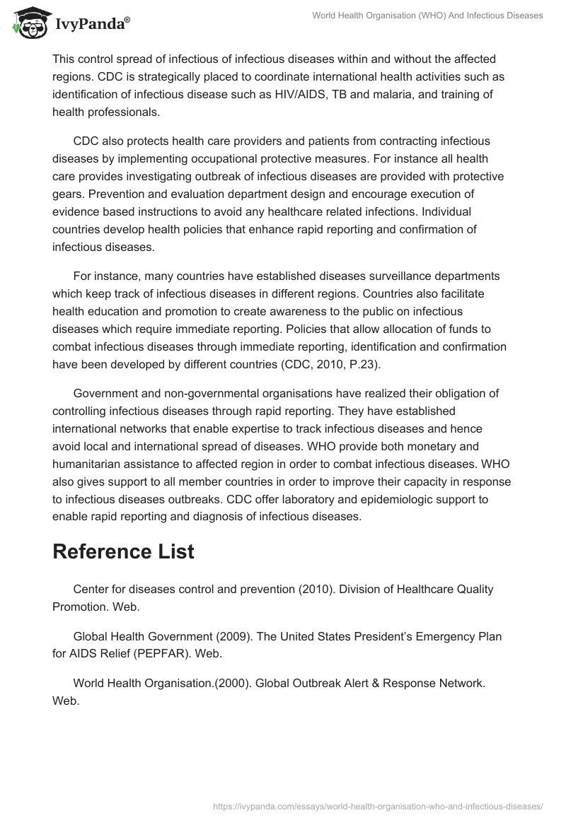 World Health Organisation (WHO) And Infectious Diseases. Page 2