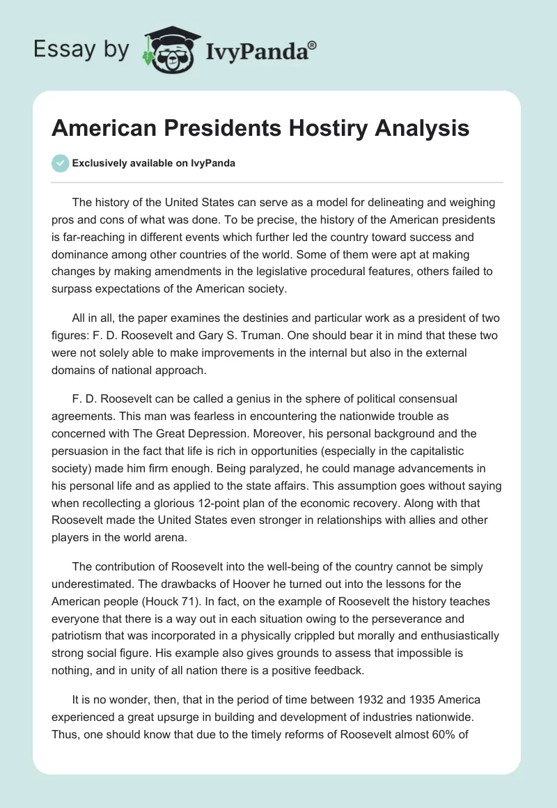 American Presidents Hostiry Analysis. Page 1