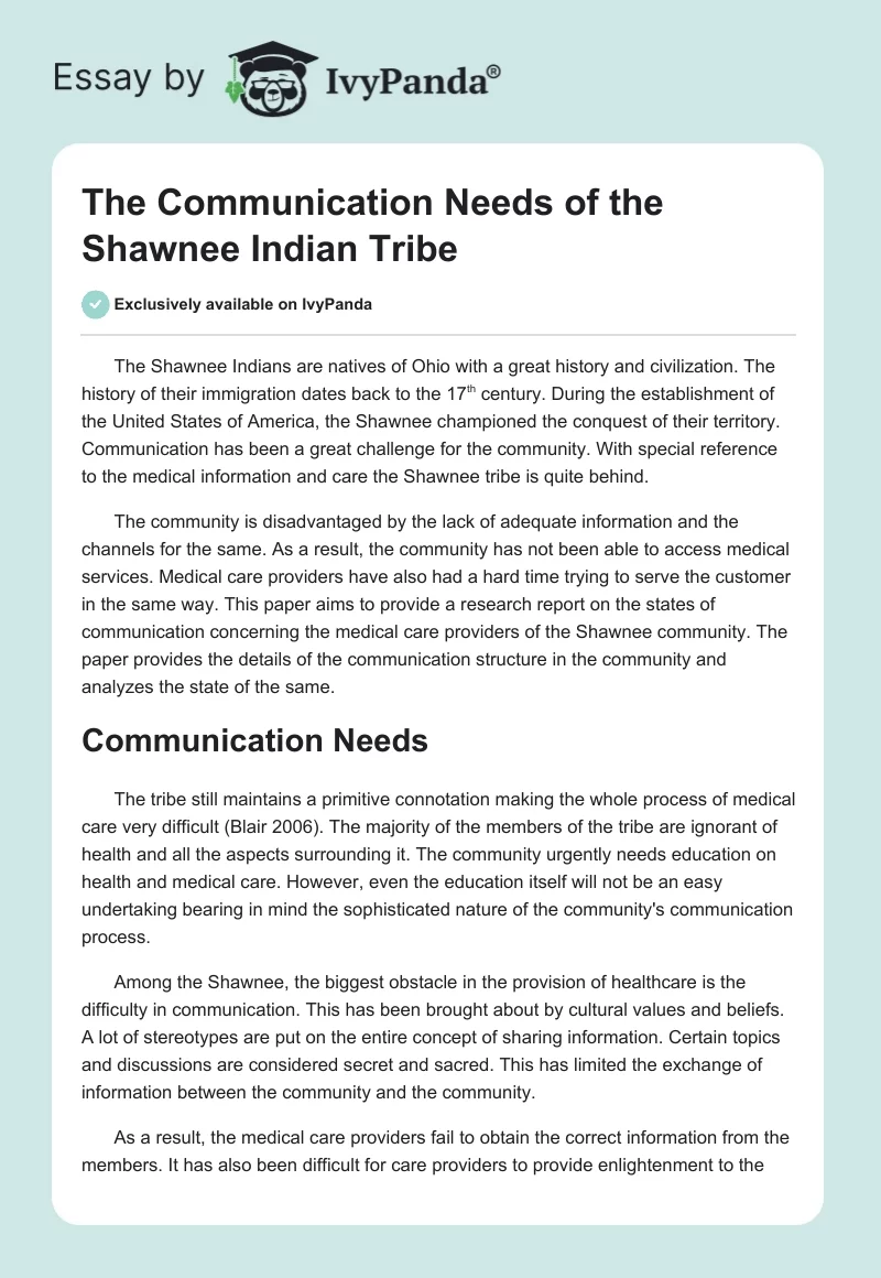 The Communication Needs of the Shawnee Indian Tribe. Page 1