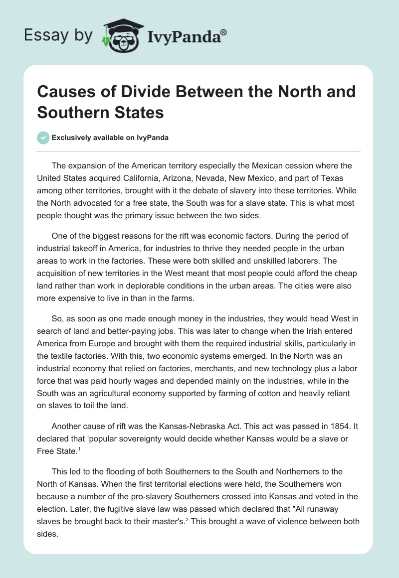 Causes of Divide Between the North and Southern States. Page 1