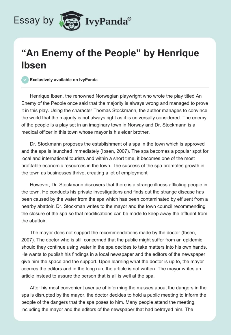 “An Enemy of the People” by Henrique Ibsen. Page 1