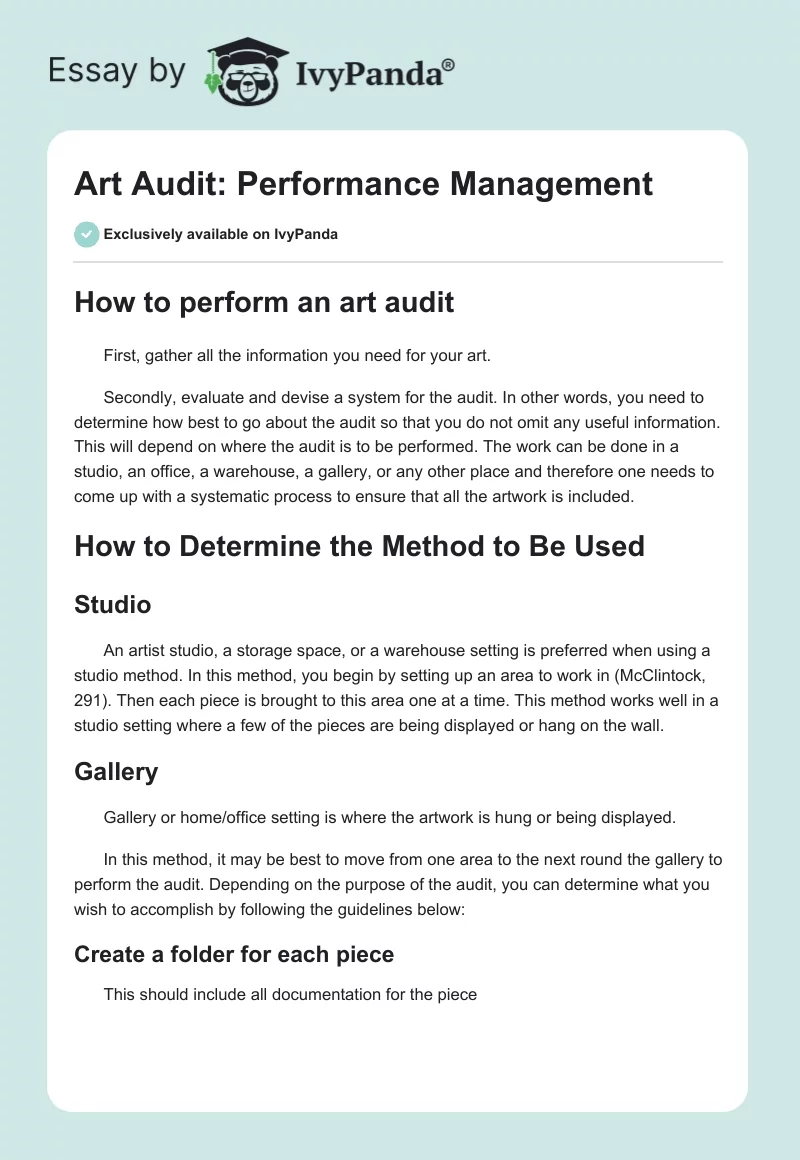 Art Audit: Performance Management. Page 1