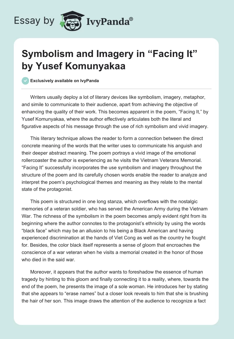Symbolism and Imagery in “Facing It” by Yusef Komunyakaa. Page 1