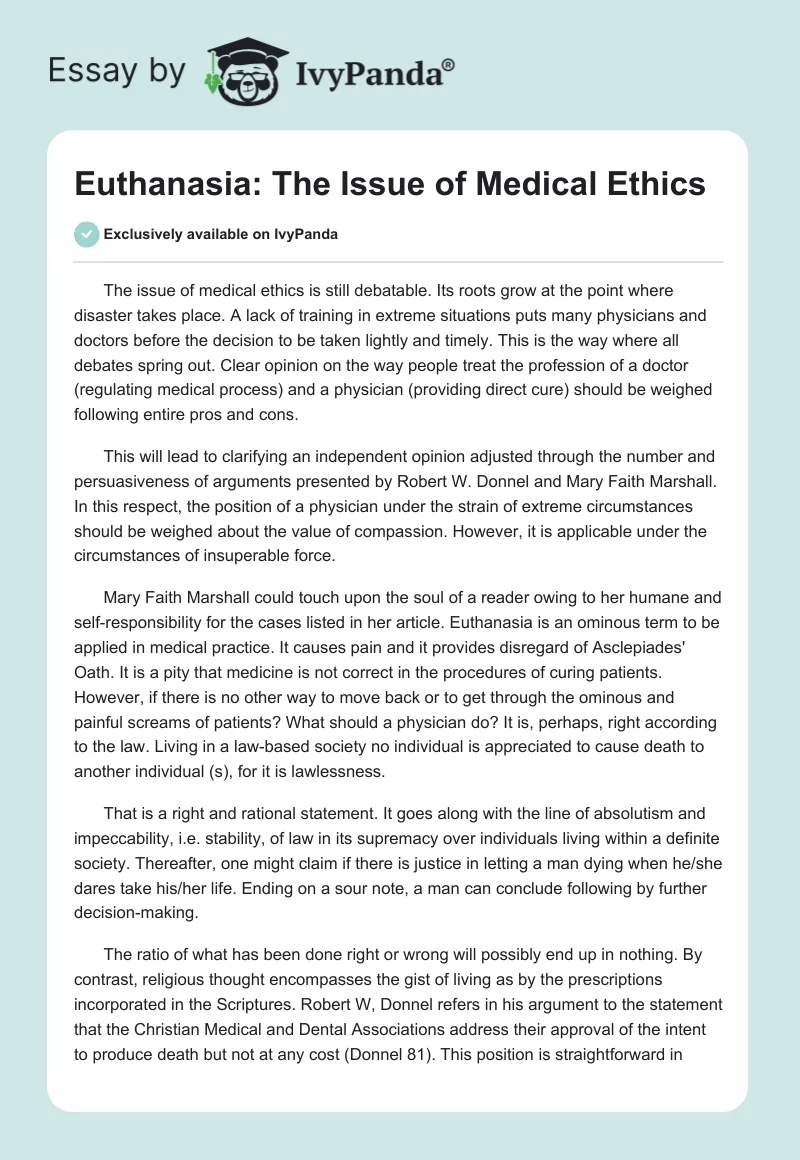 Euthanasia: The Issue of Medical Ethics. Page 1