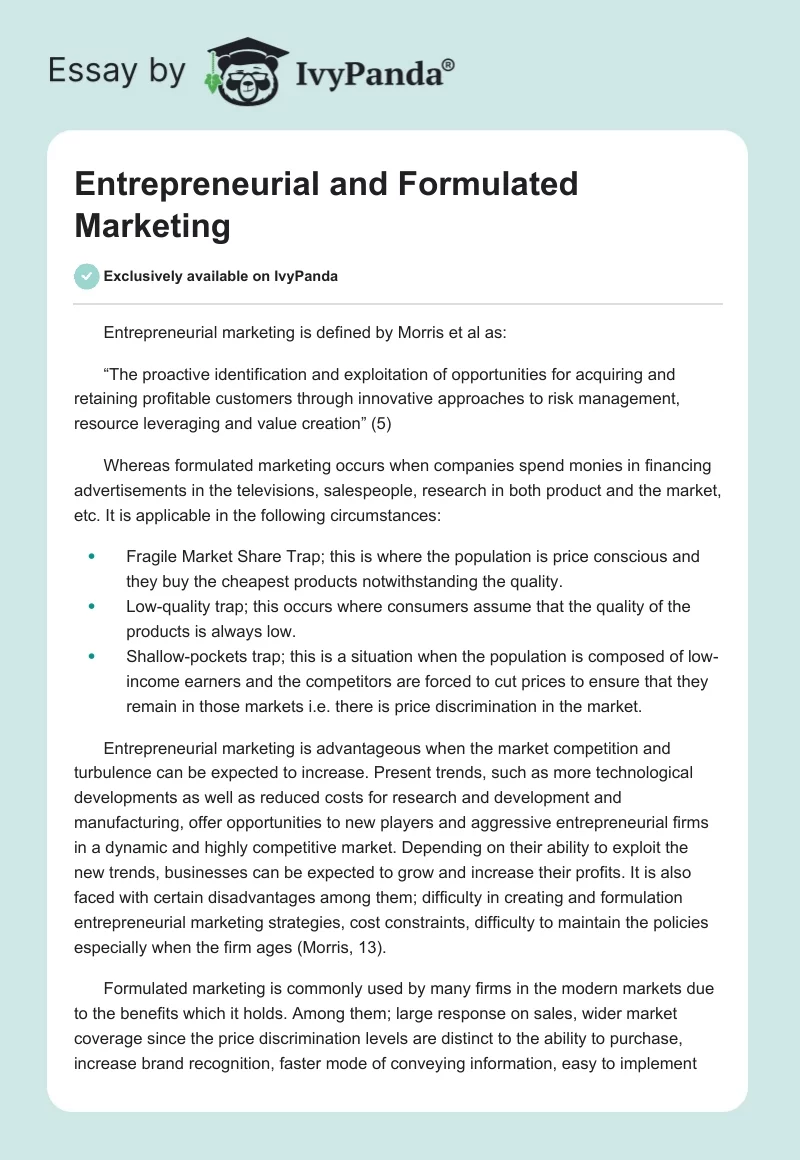 Entrepreneurial and Formulated Marketing. Page 1