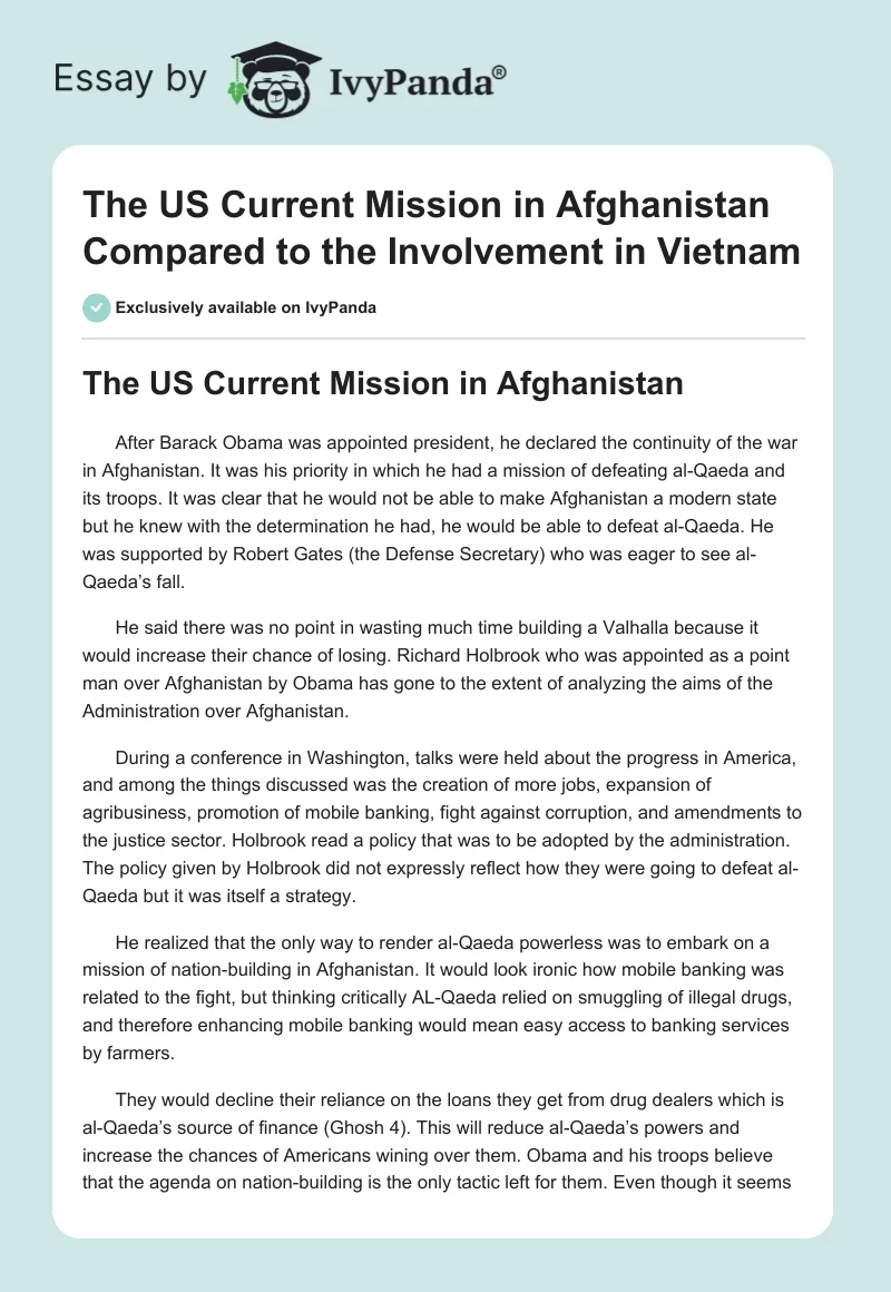 The US Current Mission in Afghanistan Compared to the Involvement in Vietnam. Page 1