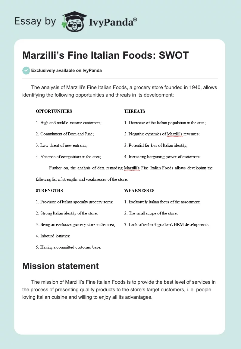 Marzilli’s Fine Italian Foods: SWOT. Page 1