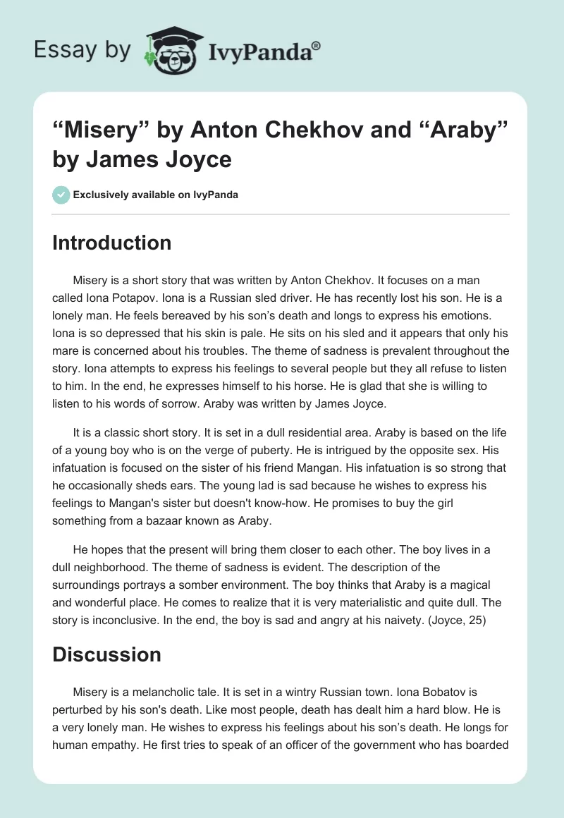 “Misery” by Anton Chekhov and “Araby” by James Joyce. Page 1