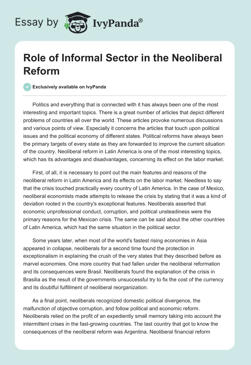 Role of Informal Sector in the Neoliberal Reform. Page 1