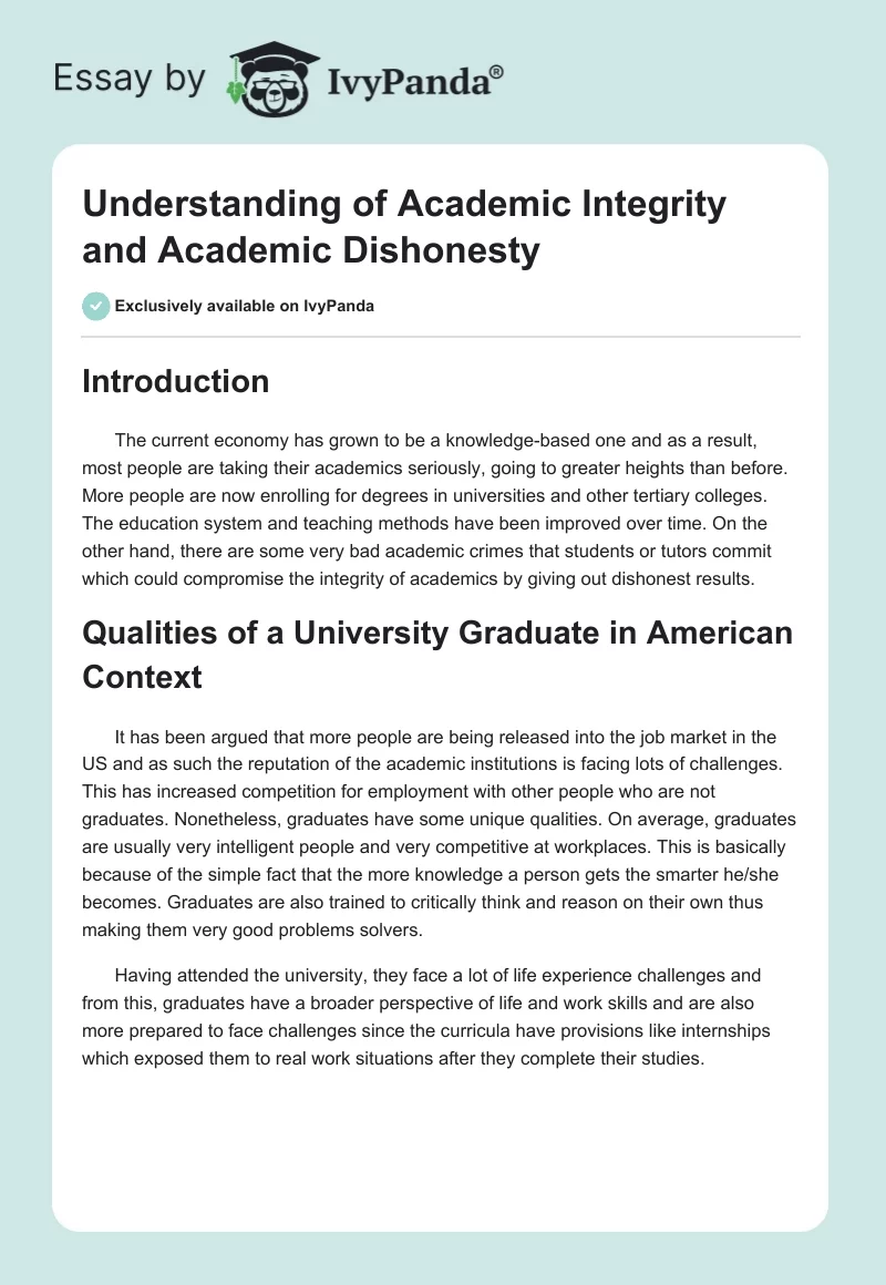 Understanding of Academic Integrity and Academic Dishonesty. Page 1