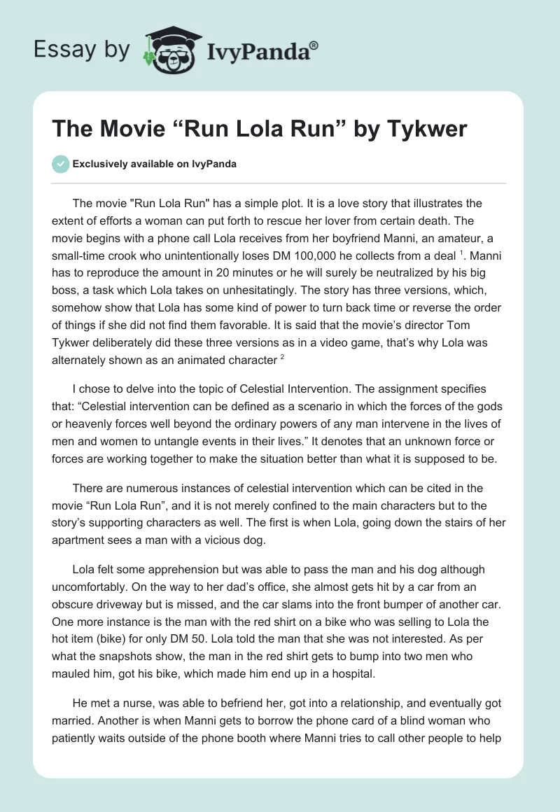 The Movie “Run Lola Run” by Tykwer. Page 1