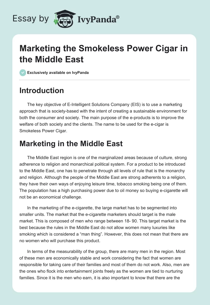 Marketing the Smokeless Power Cigar in the Middle East. Page 1