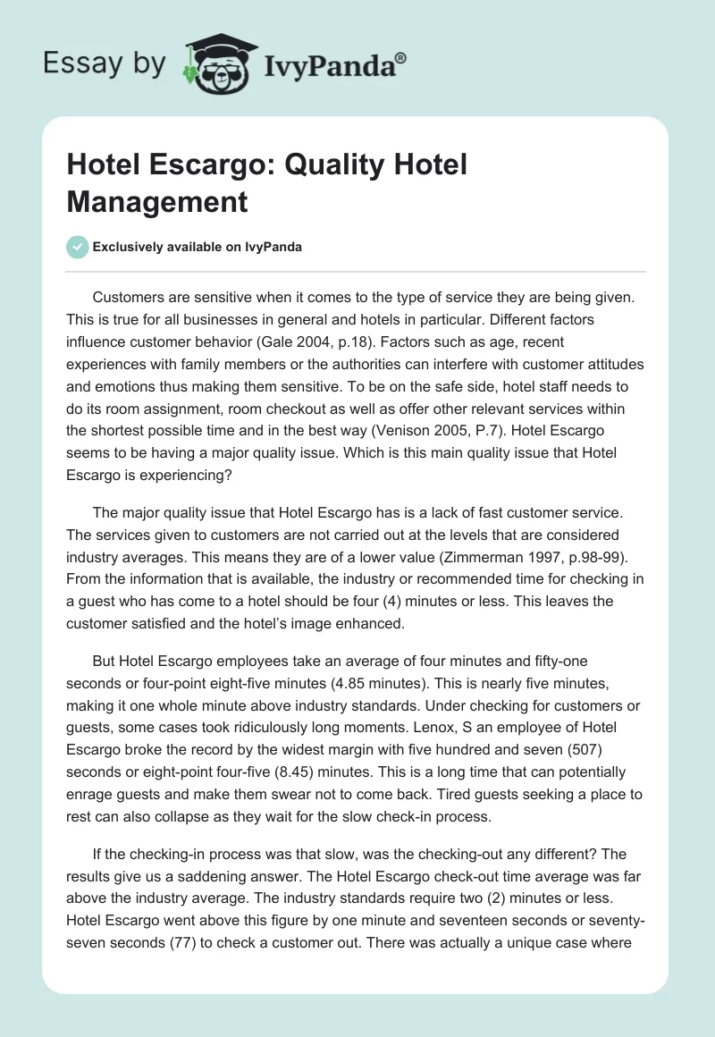 Hotel Escargo: Quality Hotel Management. Page 1