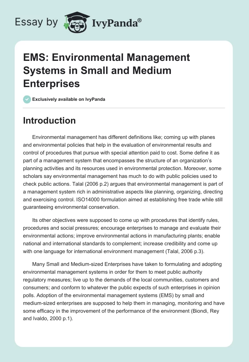 EMS: Environmental Management Systems in Small and Medium Enterprises. Page 1