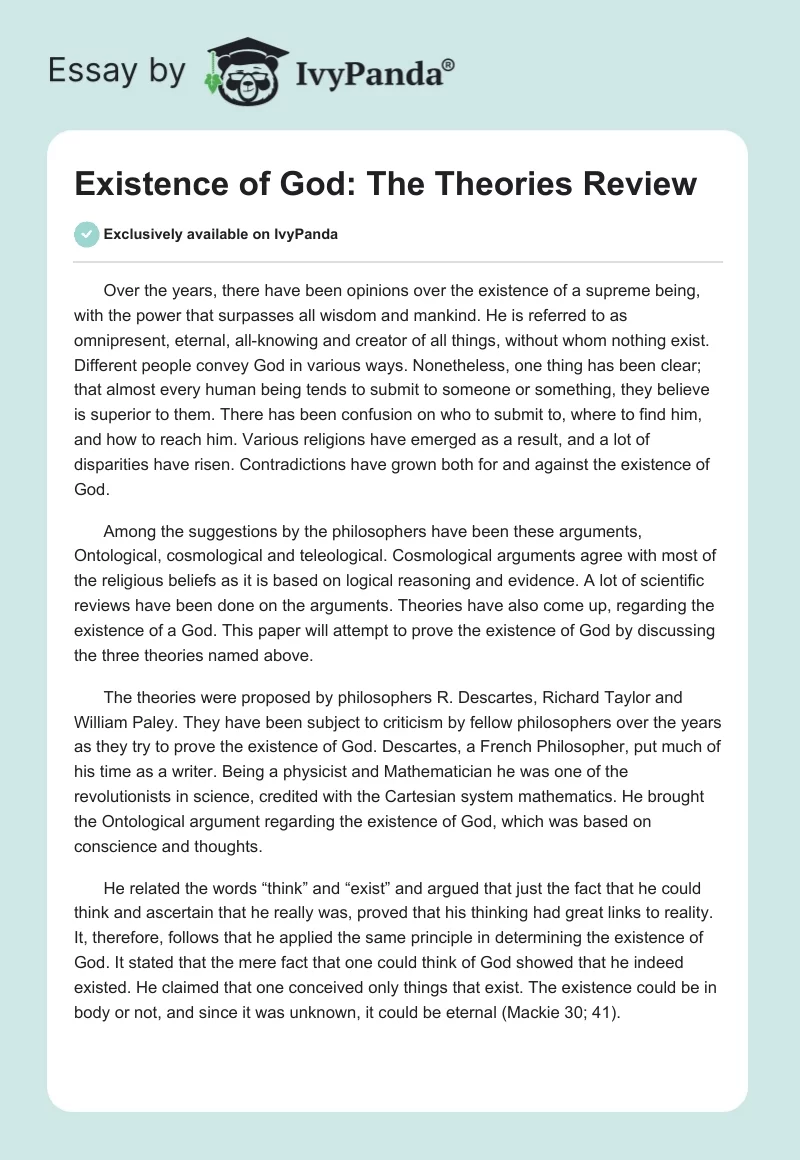 Existence of God: The Theories Review. Page 1