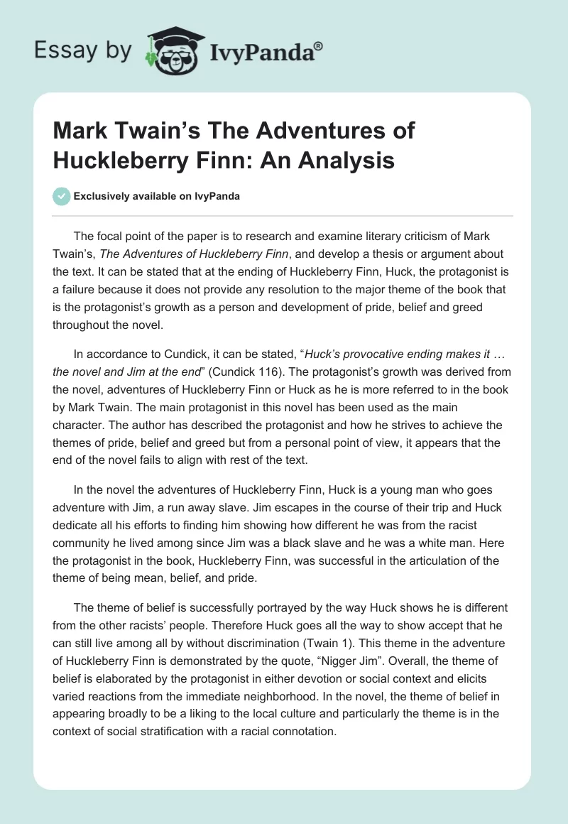 Mark Twain’s "The Adventures of Huckleberry Finn": An Analysis. Page 1