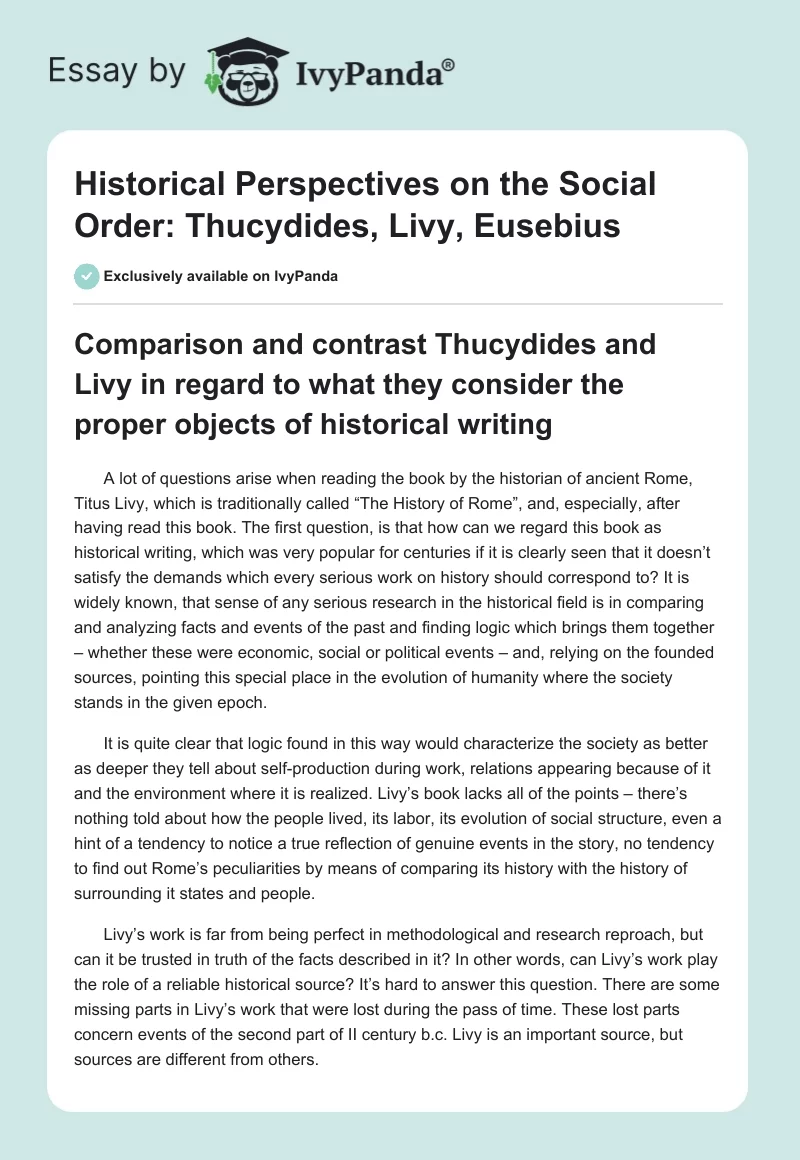 Historical Perspectives on the Social Order: Thucydides, Livy, Eusebius. Page 1