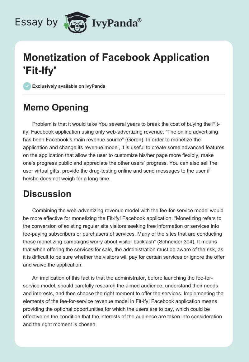 Monetization of Facebook Application 'Fit-Ify'. Page 1