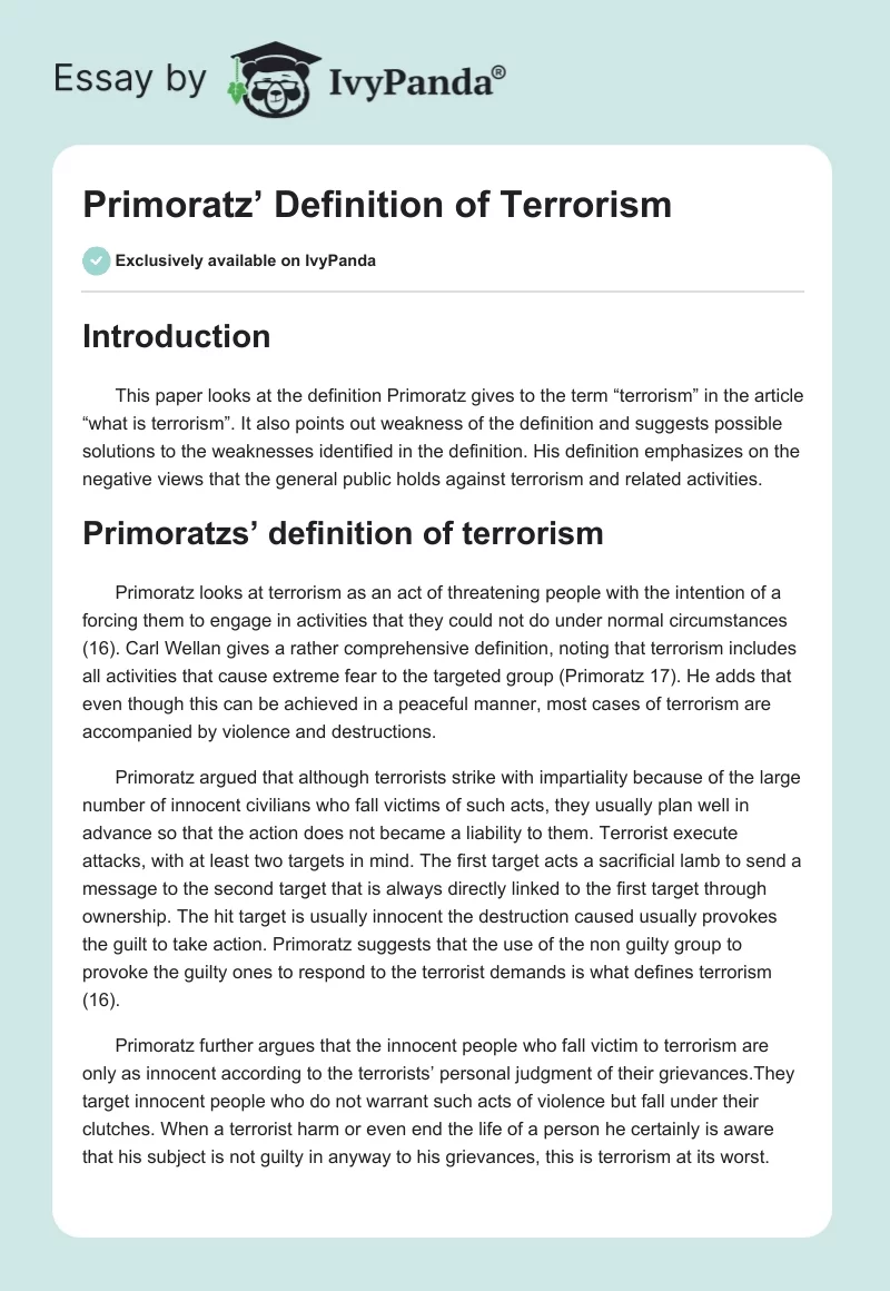 Primoratz’ Definition of Terrorism. Page 1