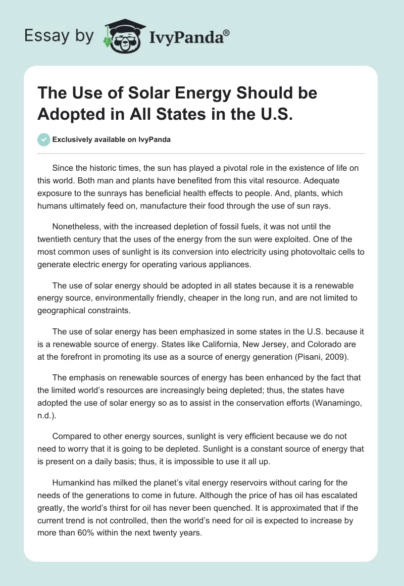 The Use of Solar Energy Should be Adopted in All States in the U.S.. Page 1