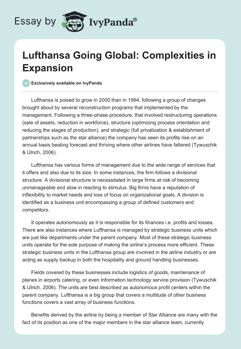 Lufthansa Going Global: Complexities in Expansion. Page 1