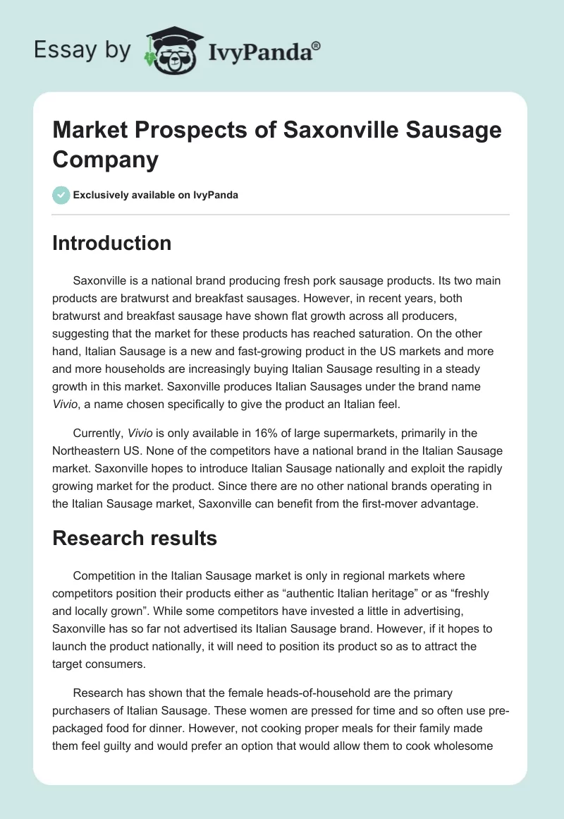 Market Prospects of Saxonville Sausage Company. Page 1
