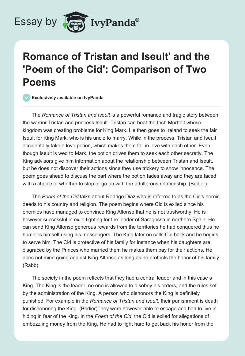 Romance of Tristan and Iseult' and the 'Poem of the Cid': Comparison of Two Poems. Page 1