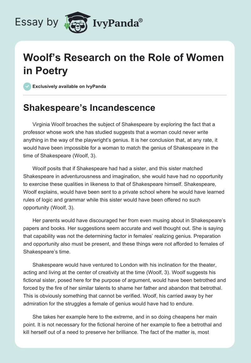 Woolf’s Research on the Role of Women in Poetry. Page 1