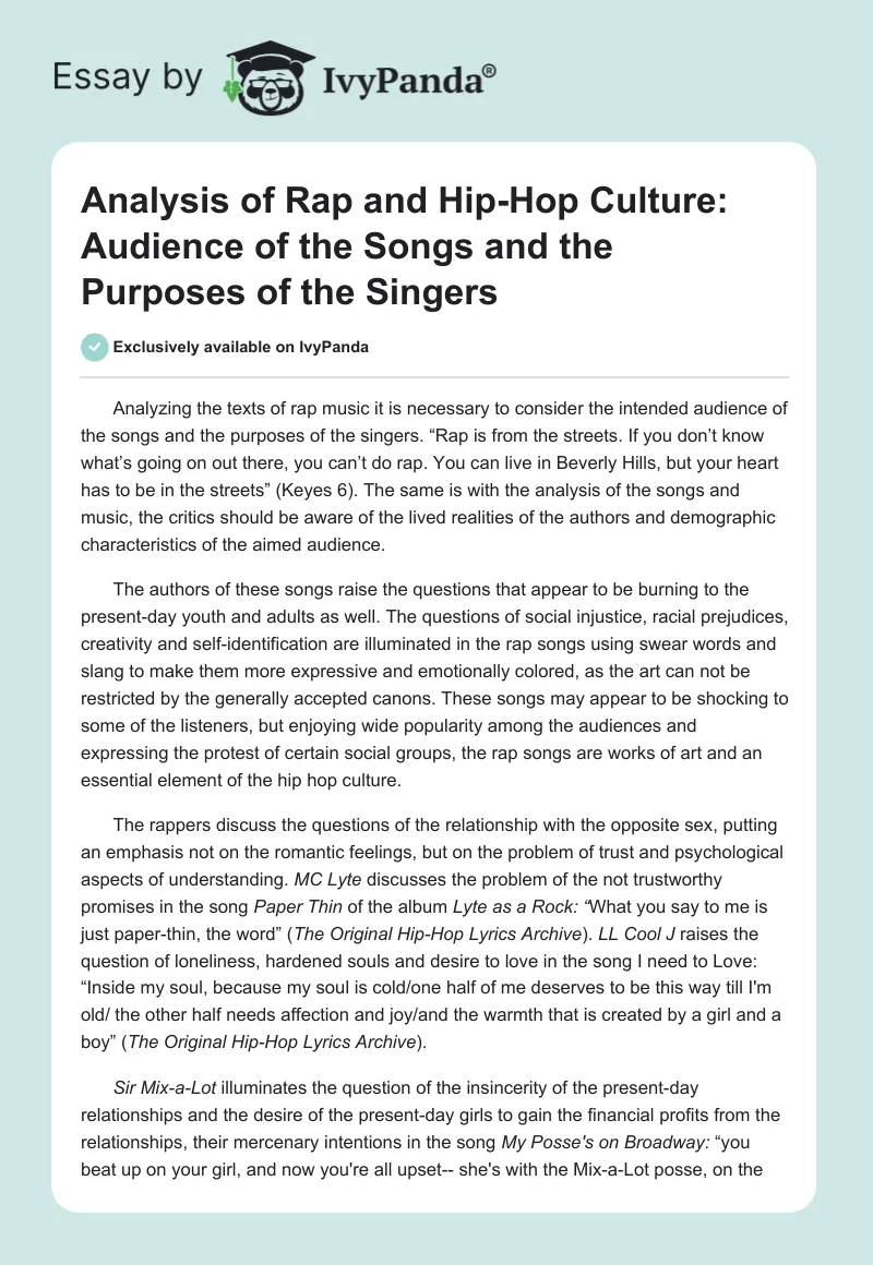 Analysis of Rap and Hip-Hop Culture: Audience of the Songs and the Purposes of the Singers. Page 1