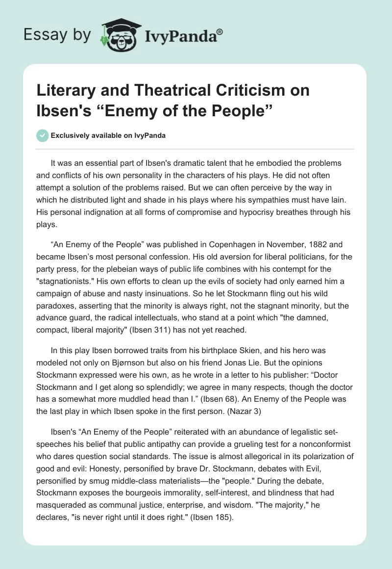 Literary and Theatrical Criticism on Ibsen's “Enemy of the People”. Page 1