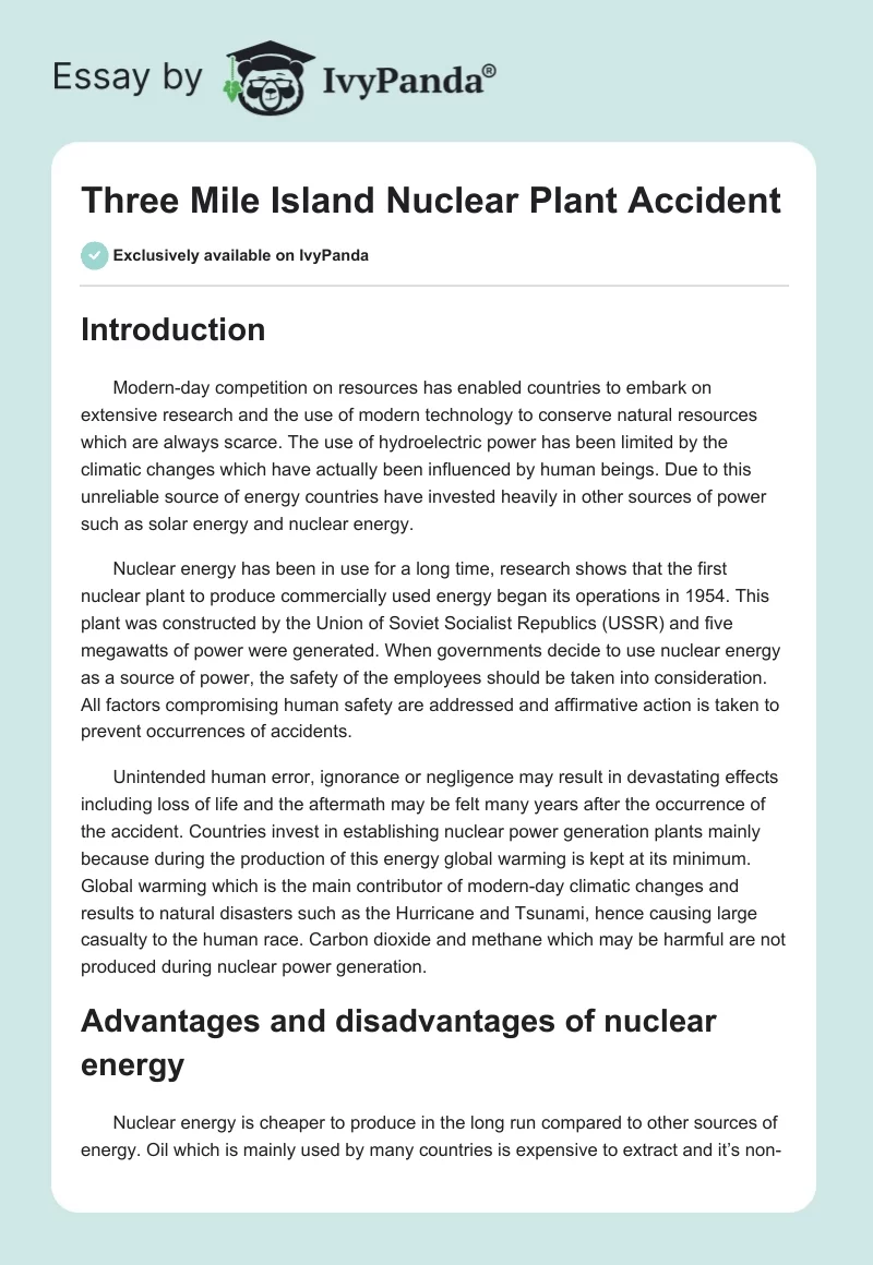 Three Mile Island Nuclear Plant Accident. Page 1