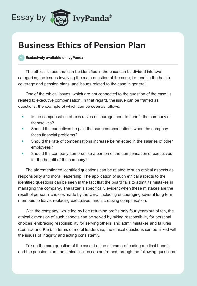 Business Ethics of Pension Plan. Page 1