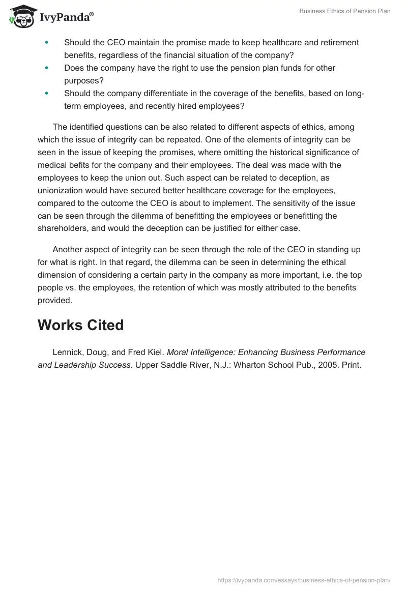 Business Ethics of Pension Plan. Page 2