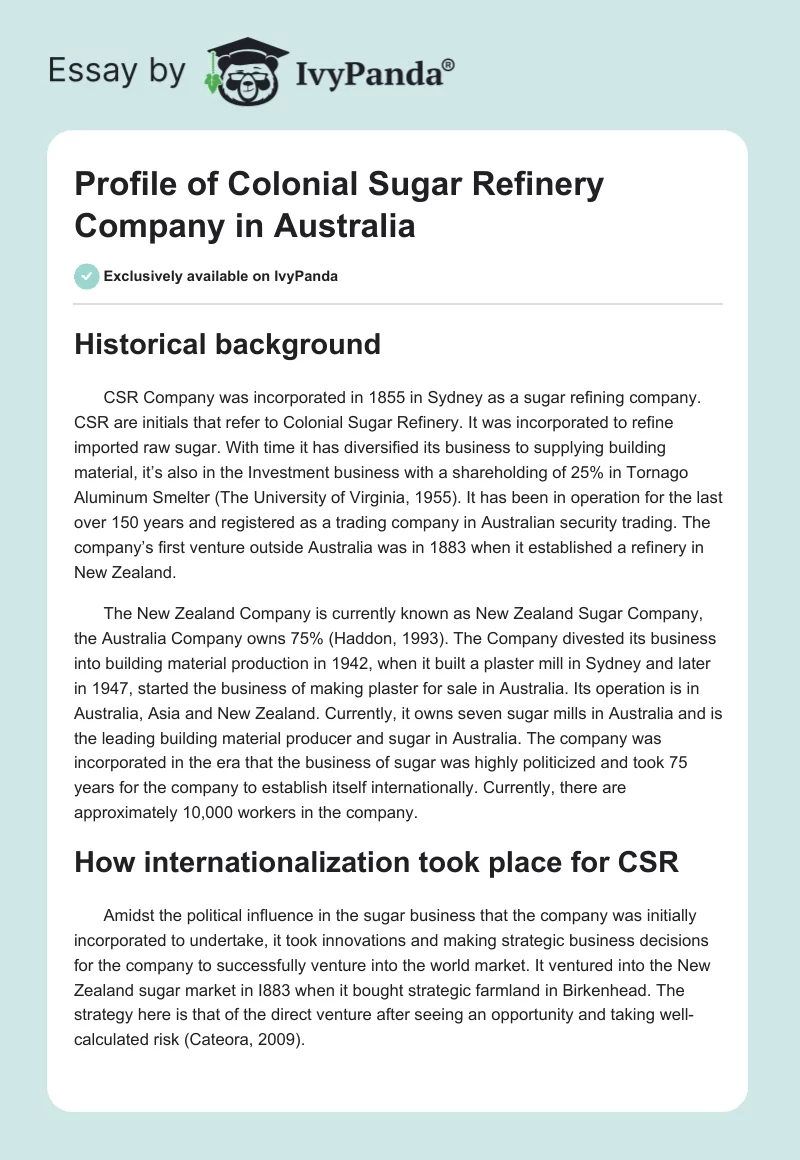Profile of Colonial Sugar Refinery Company in Australia. Page 1