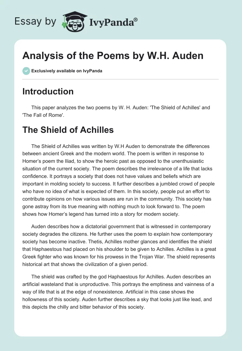 Analysis of the Poems by W.H. Auden. Page 1
