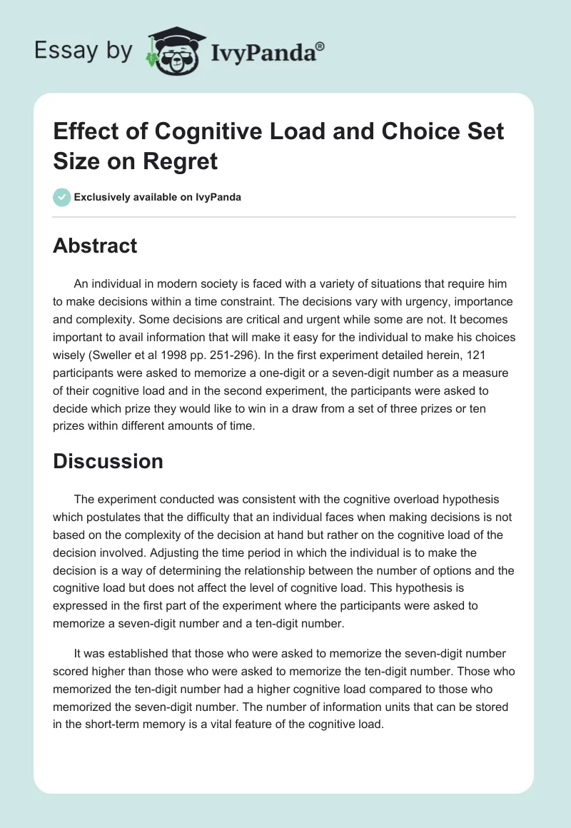 Effect of Cognitive Load and Choice Set Size on Regret. Page 1