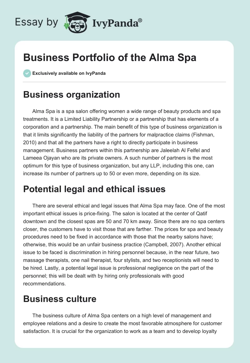 Business Portfolio of the Alma Spa. Page 1