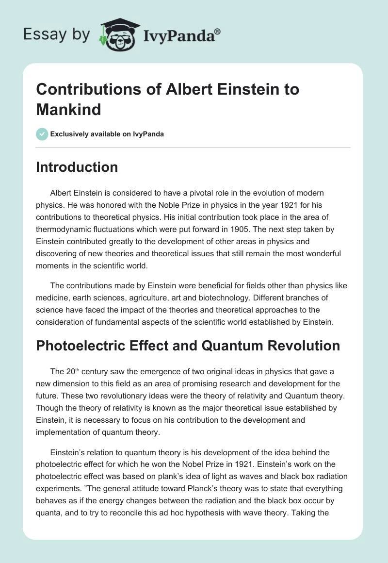 Contributions of Albert Einstein to Mankind. Page 1