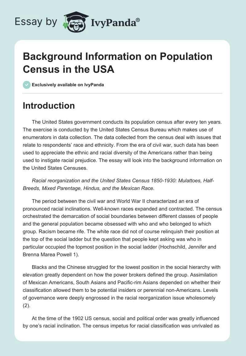 Background Information on Population Census in the USA. Page 1