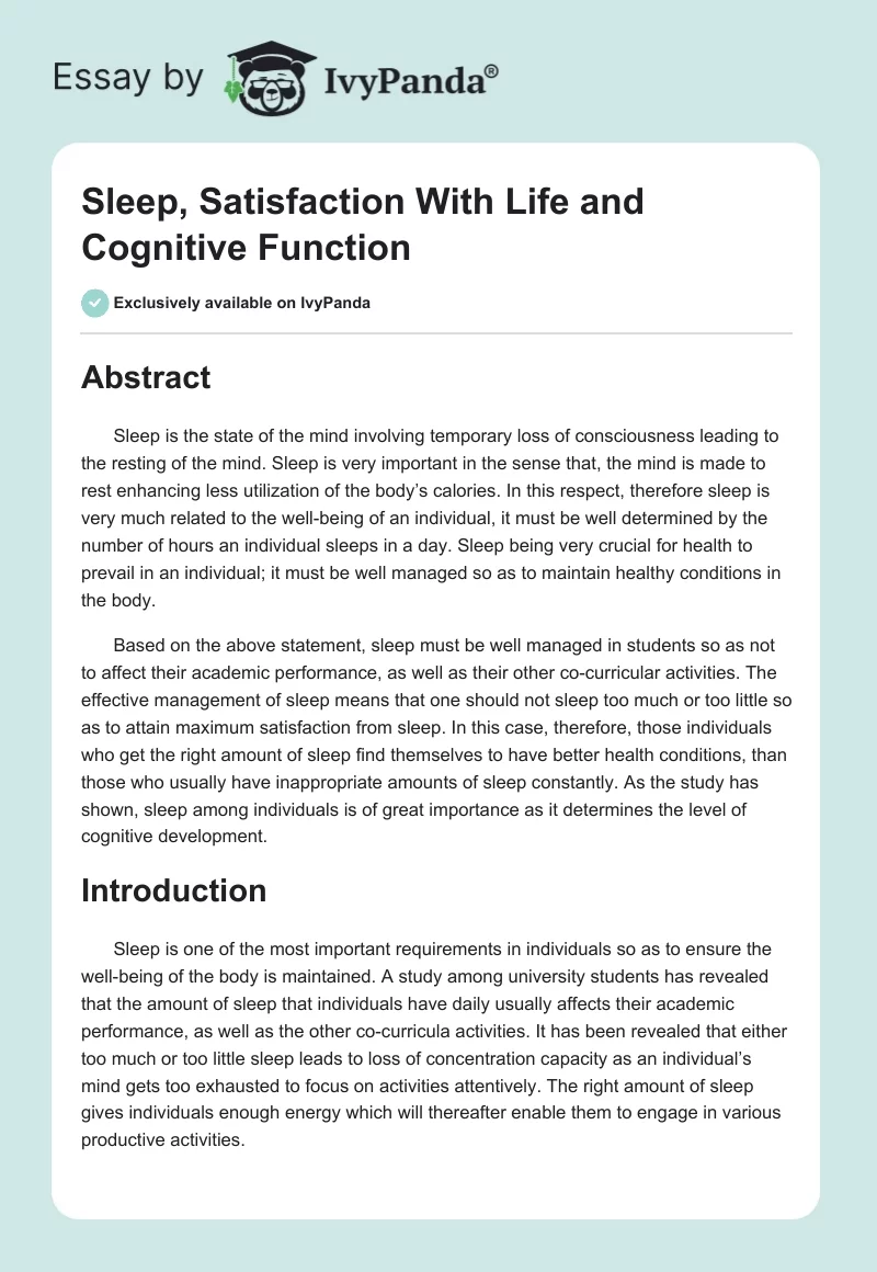 Sleep, Satisfaction With Life and Cognitive Function. Page 1