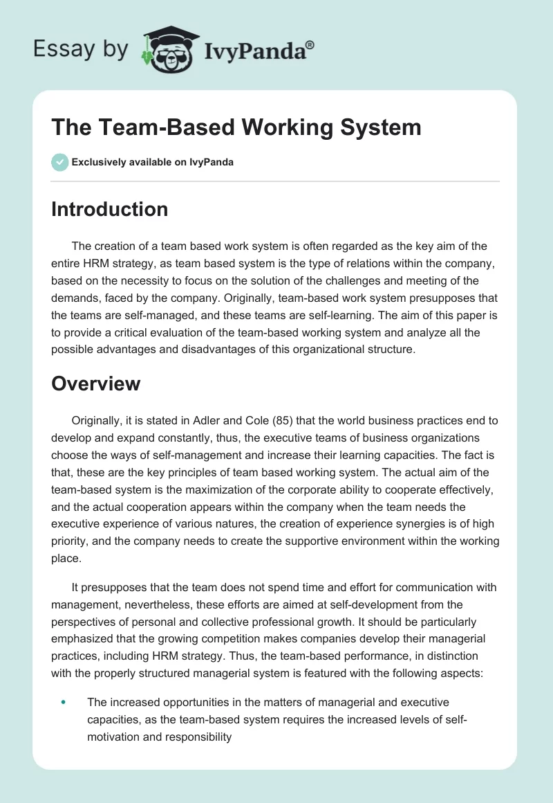 The Team-Based Working System. Page 1