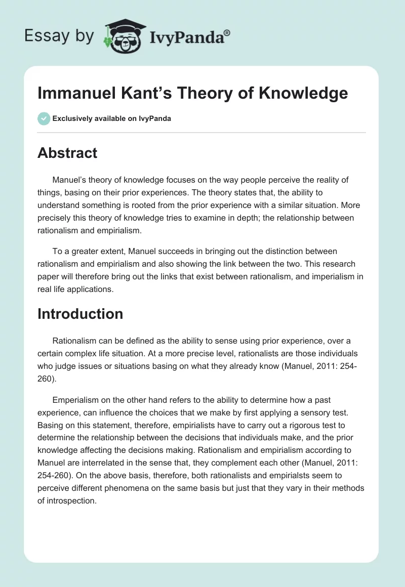 Immanuel Kant’s Theory of Knowledge. Page 1