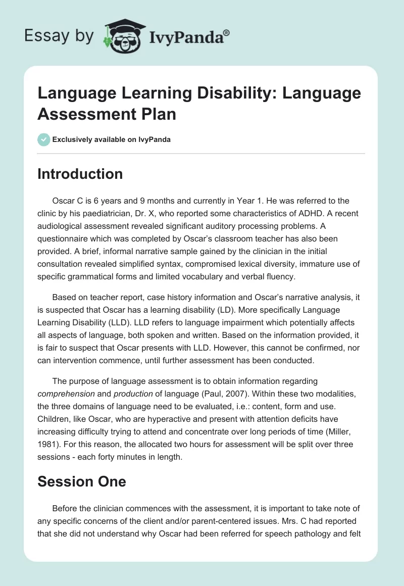 Language Learning Disability: Language Assessment Plan. Page 1