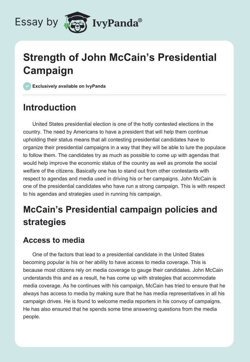 Strength of John McCain’s Presidential Campaign. Page 1