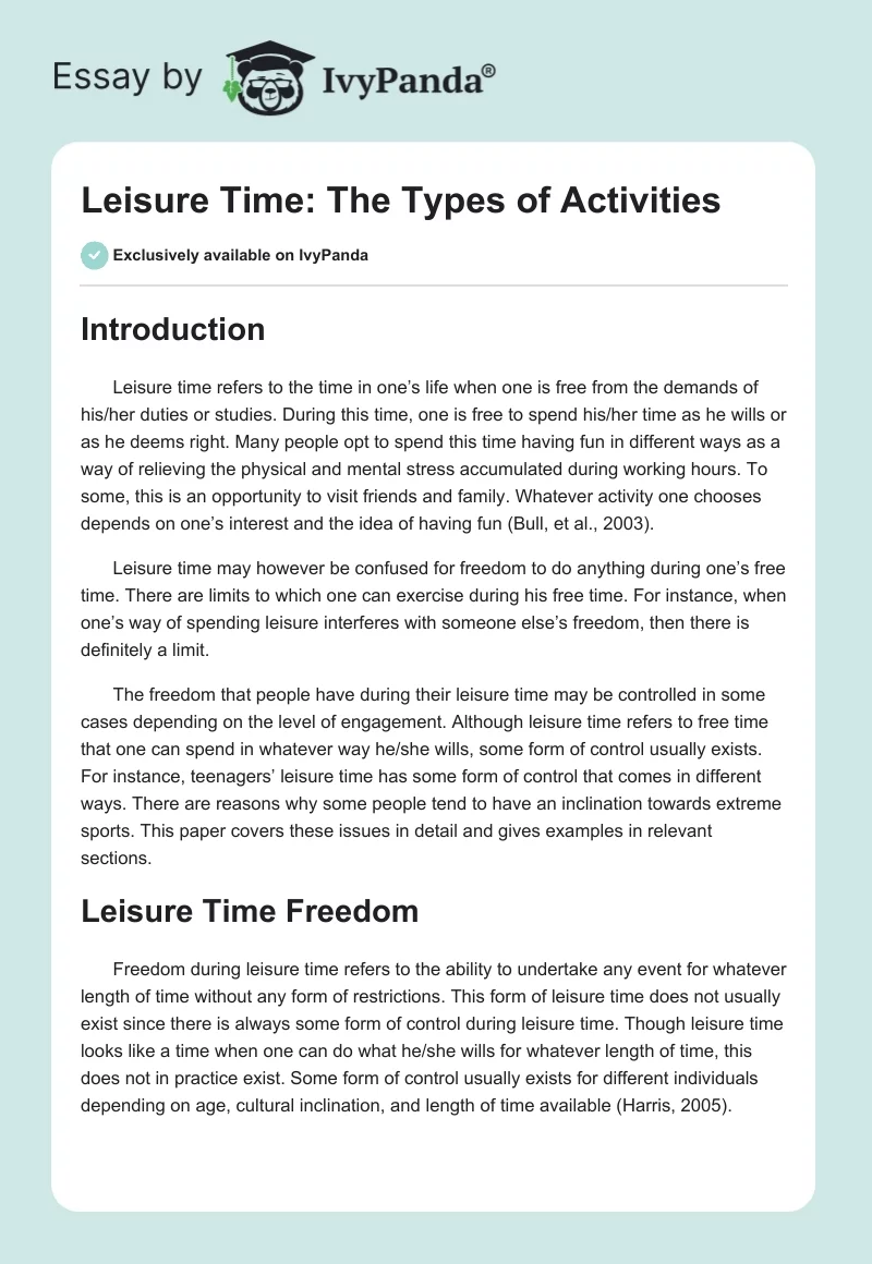 free time activities essay 300 words