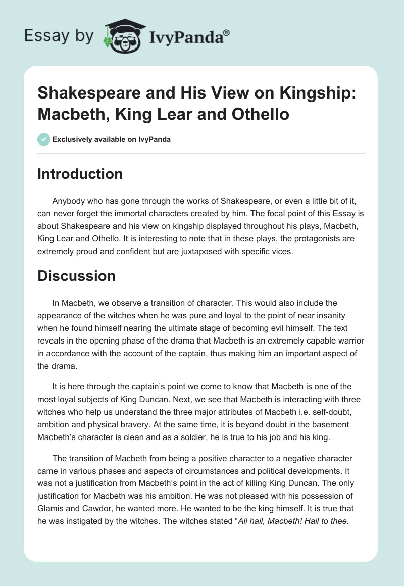 Shakespeare and His View on Kingship: Macbeth, King Lear and Othello. Page 1
