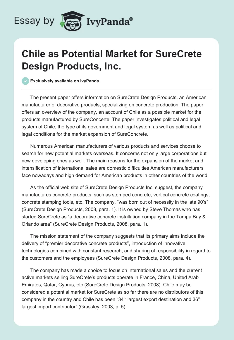 Chile as Potential Market for SureCrete Design Products, Inc.. Page 1